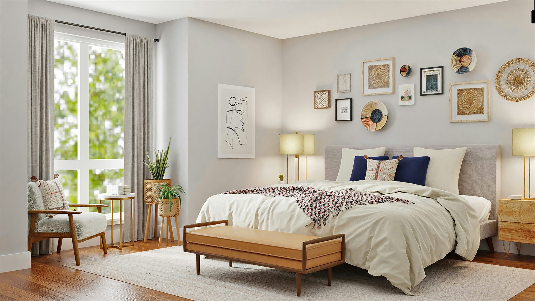 Freshly made bedroom with crisp linens and a neatly styled bench