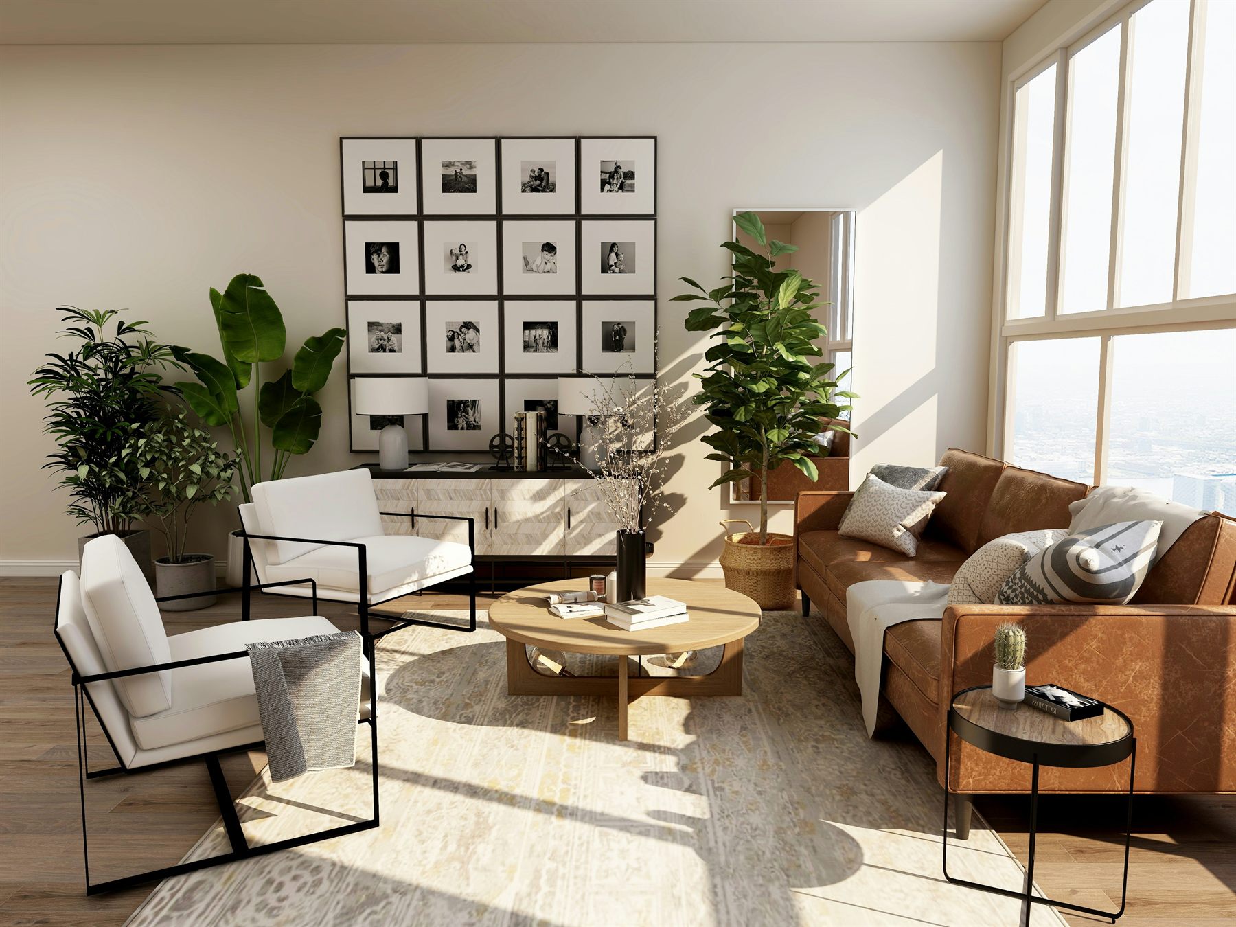 Sunlit living room with a tan leather sofa, styled and spotless after a clean